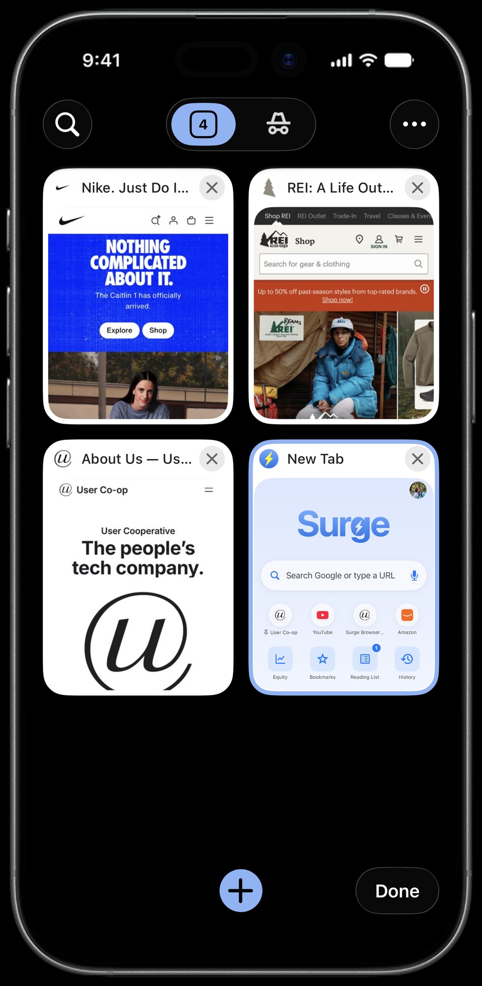 Surge for iPhone tab switcher in light mode: four open tabs as cards in a grid, the new tab selected