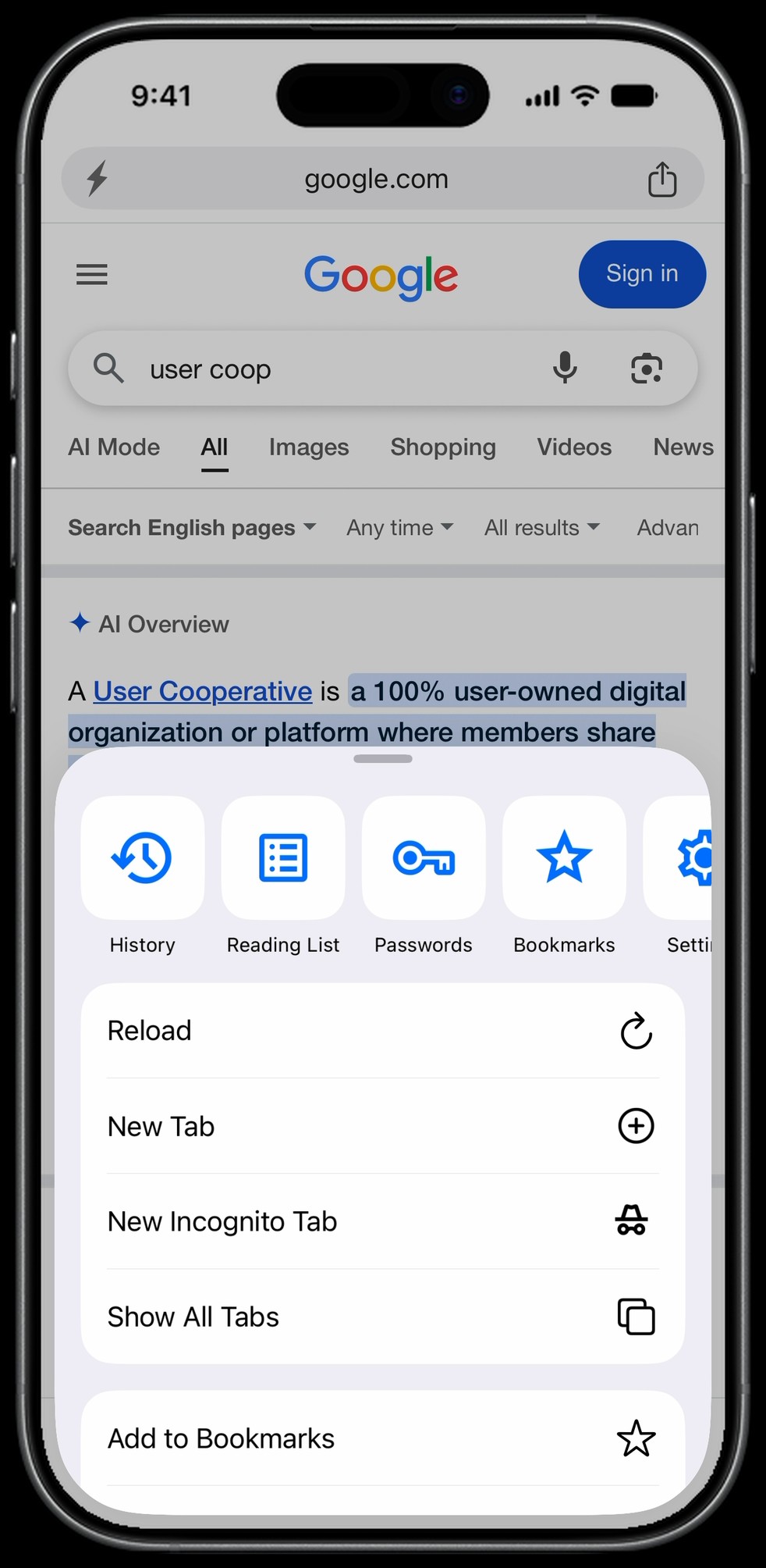 Surge for iPhone in light mode: the three-dot menu sheet, rising from half height to full as the page scrolls