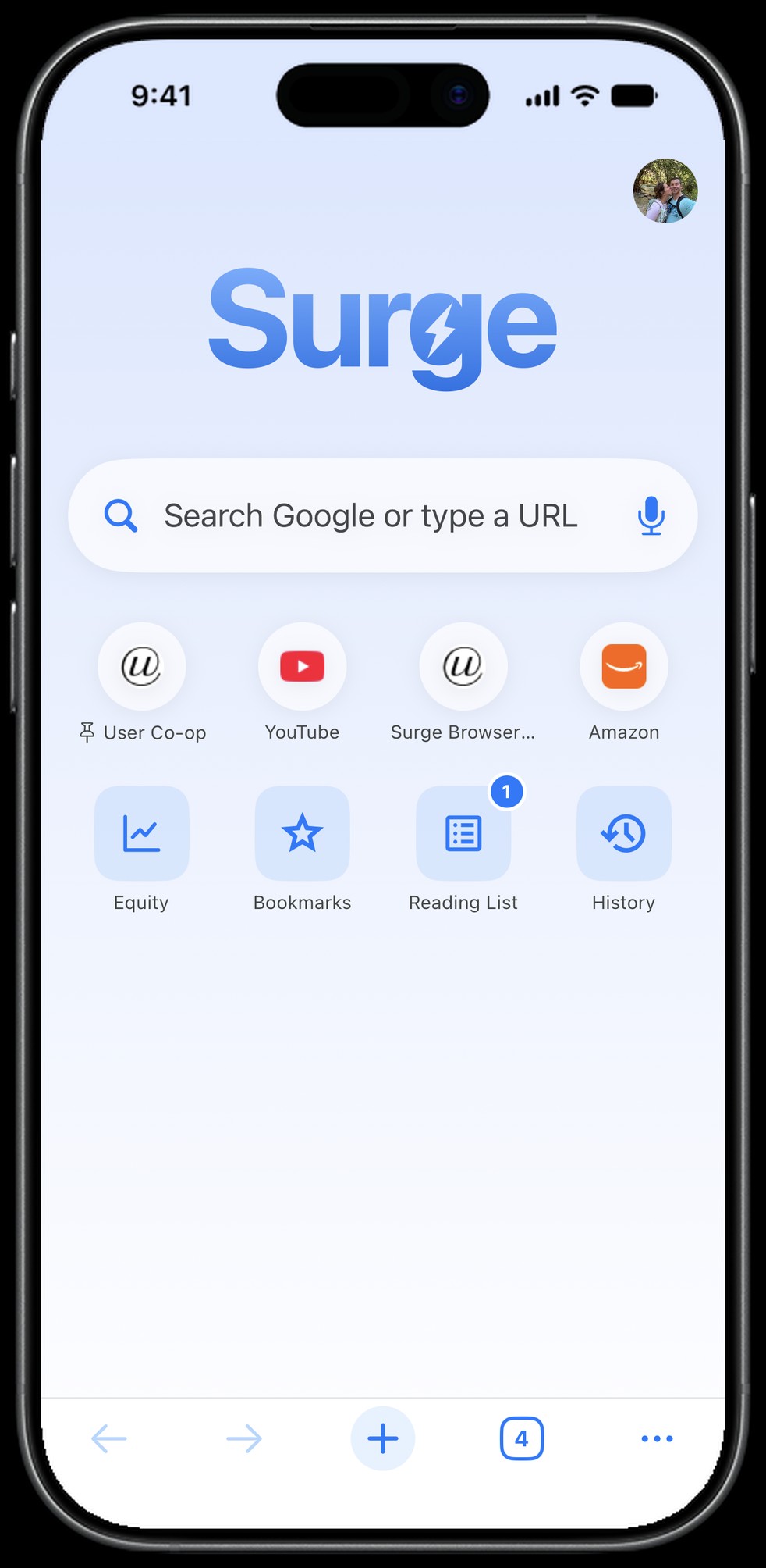 Surge for iPhone new tab page in light mode: the Surge wordmark, search, shortcuts, and Equity, Bookmarks, Reading List and History