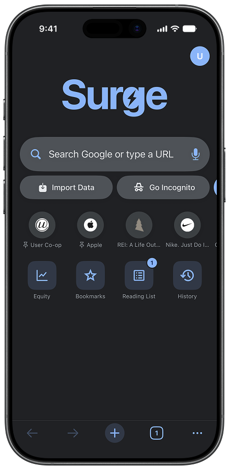 Surge for iPhone new tab page in dark mode