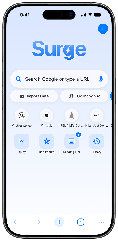 Surge for iPhone new tab page
