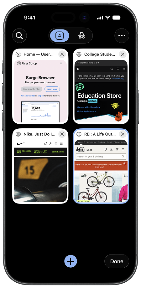 Surge for iPhone tab switcher