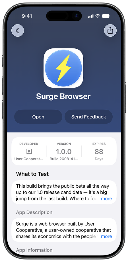 Surge on the TestFlight app screen