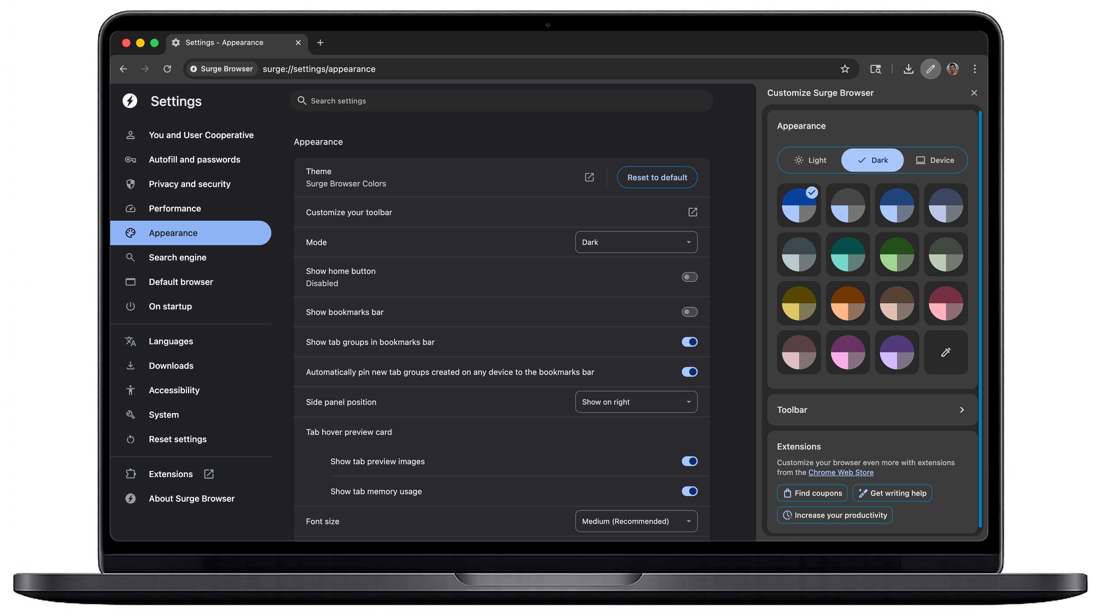 Surge Browser dark mode