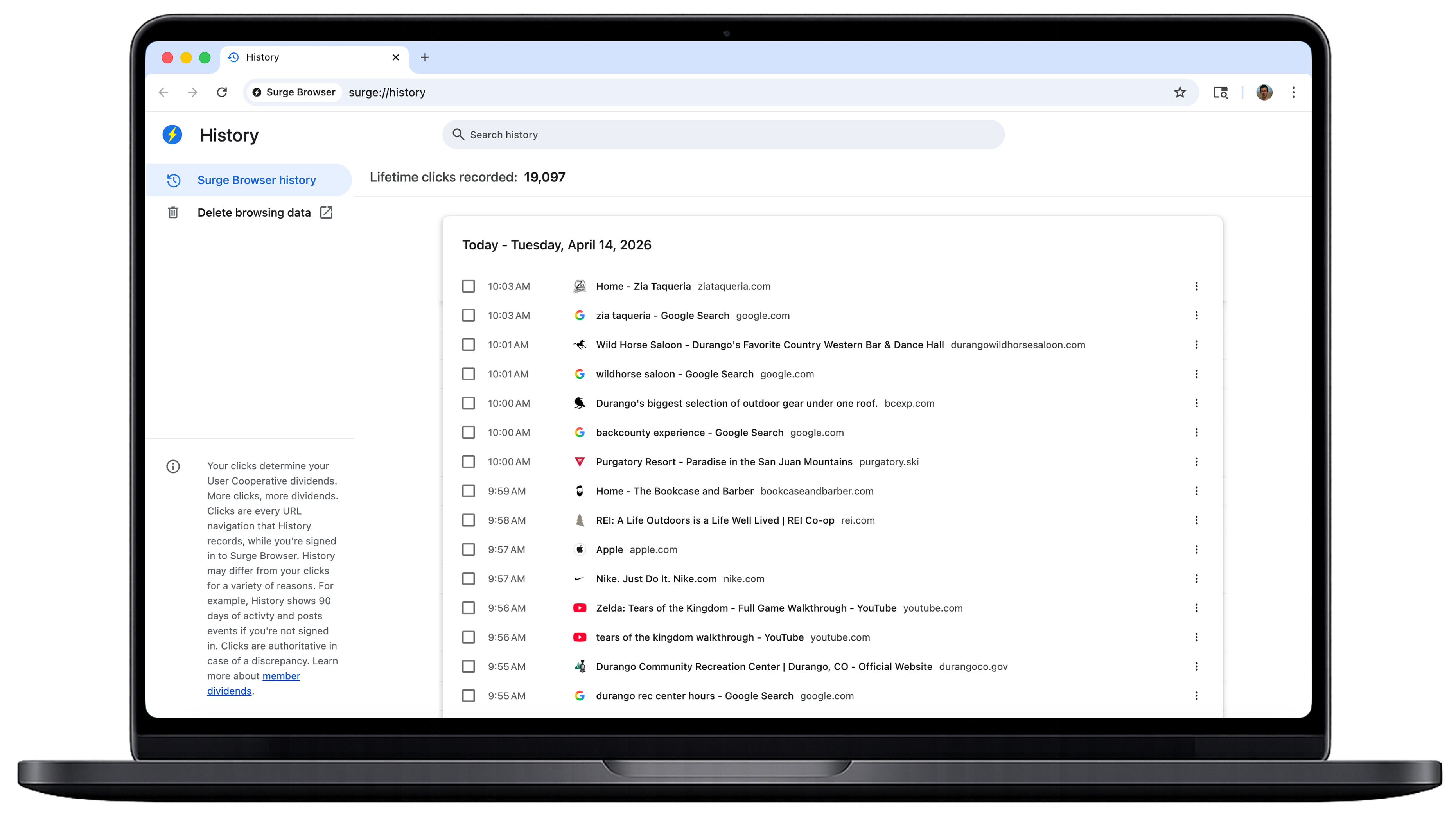 Surge Browser history screen