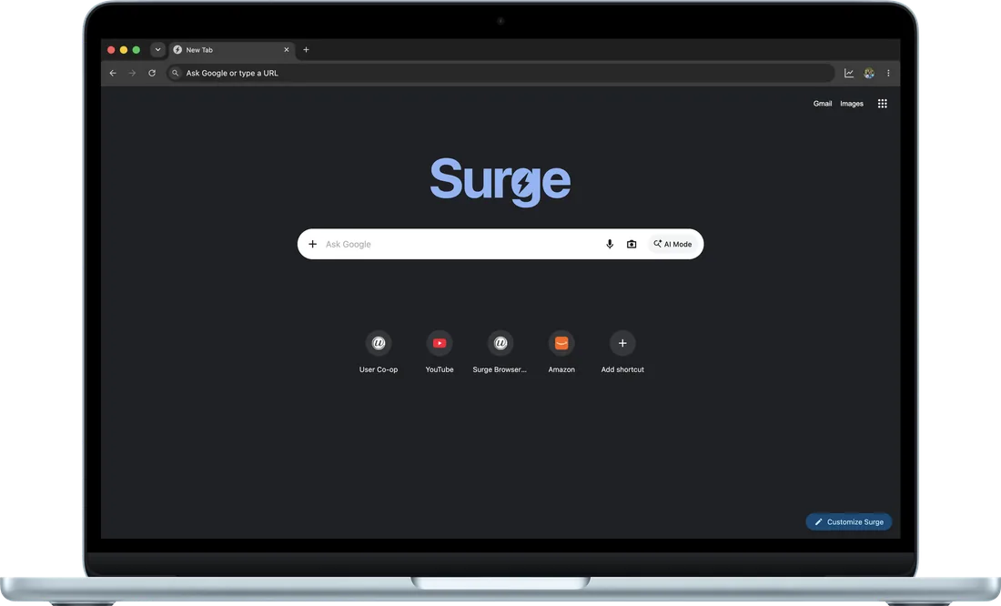 Surge for Mac's new tab page in dark mode on a MacBook Air