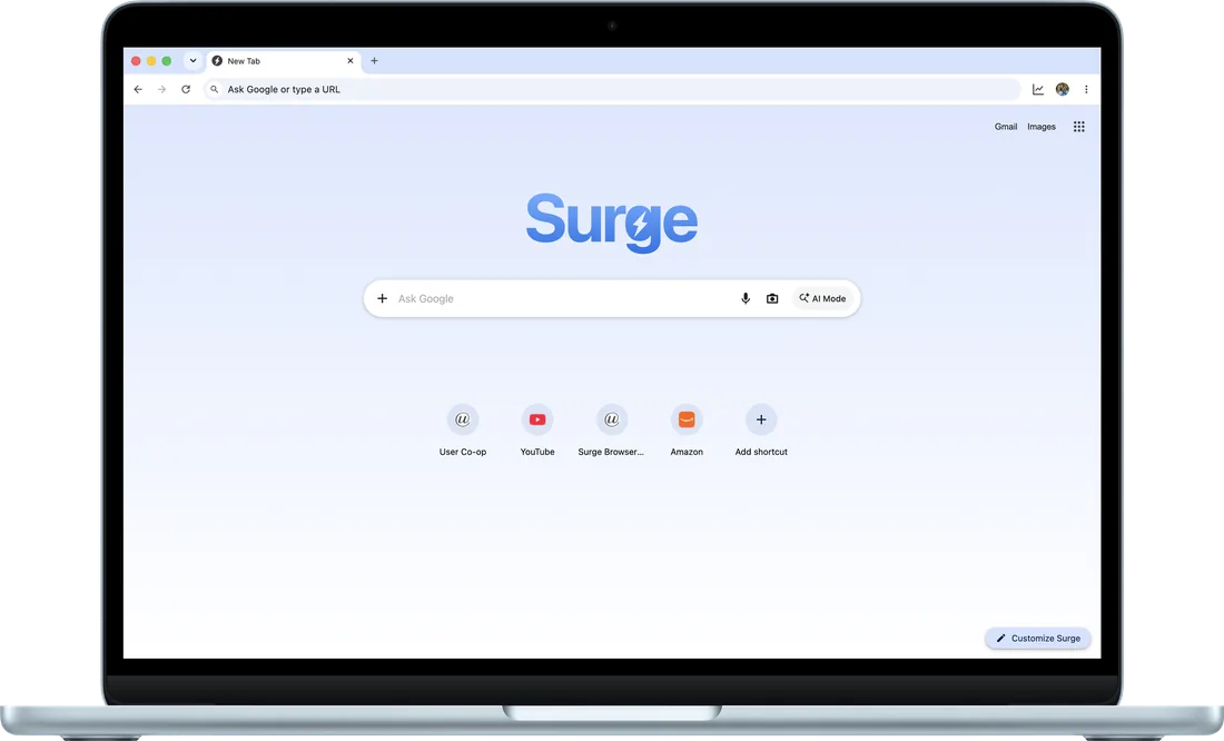 Surge for Mac's new tab page on a MacBook Air: the Surge wordmark, search, and shortcuts to User Co-op, YouTube, Surge Browser and Amazon