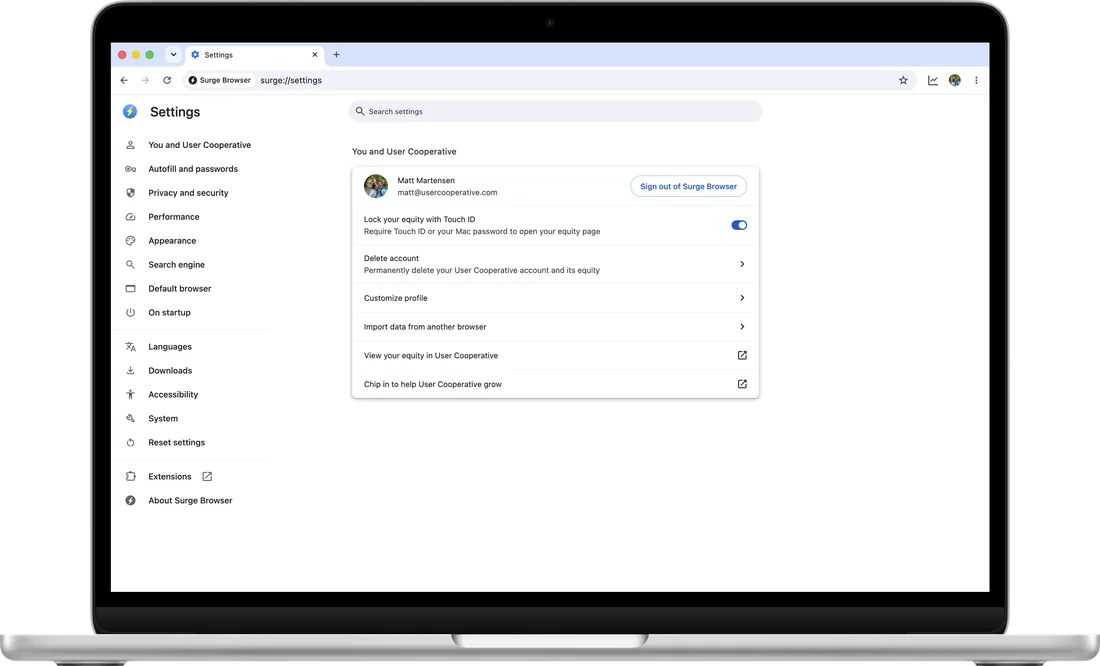 Surge for Mac's Settings in light mode: You and User Cooperative, with Touch ID locking your equity