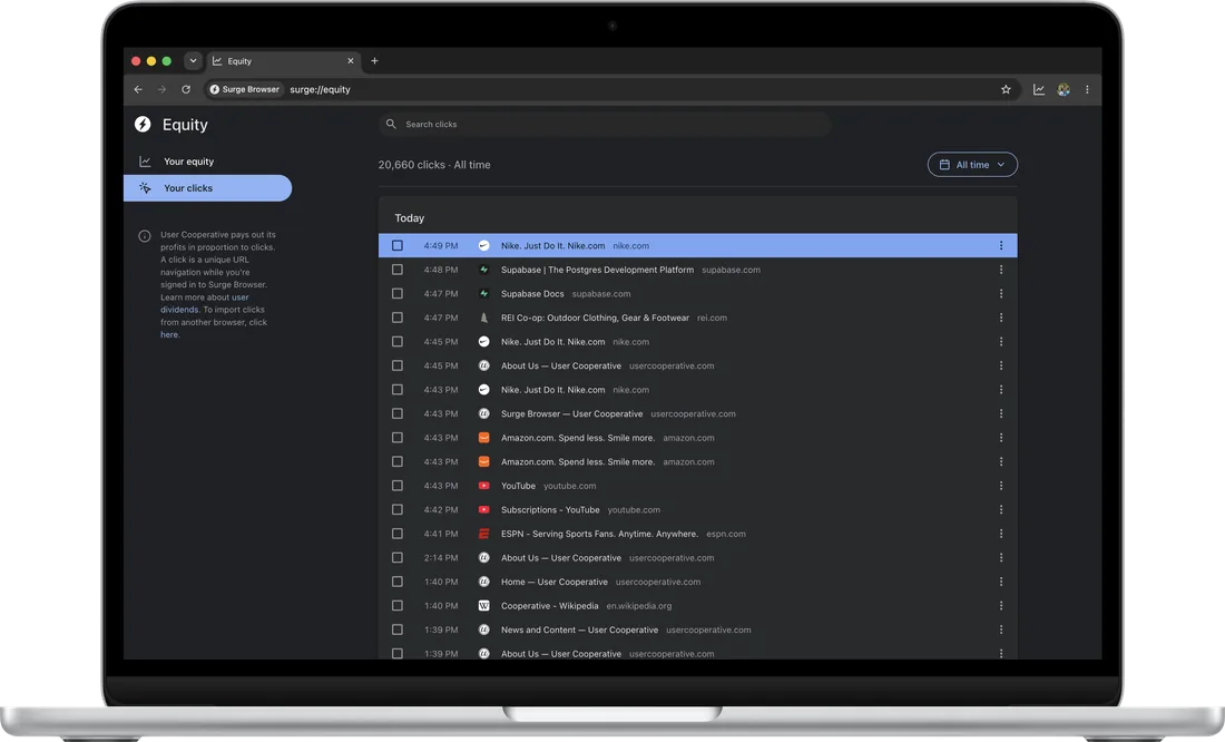 Your clicks in Surge for Mac's equity page in dark mode, 20,660 clicks all time, today's nike.com visit highlighted at the top of the ledger