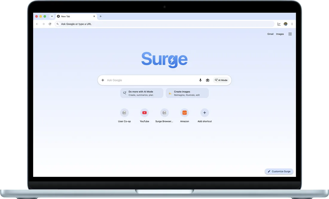 Surge for Mac on a MacBook Air, showing the new tab page with the Surge wordmark and search