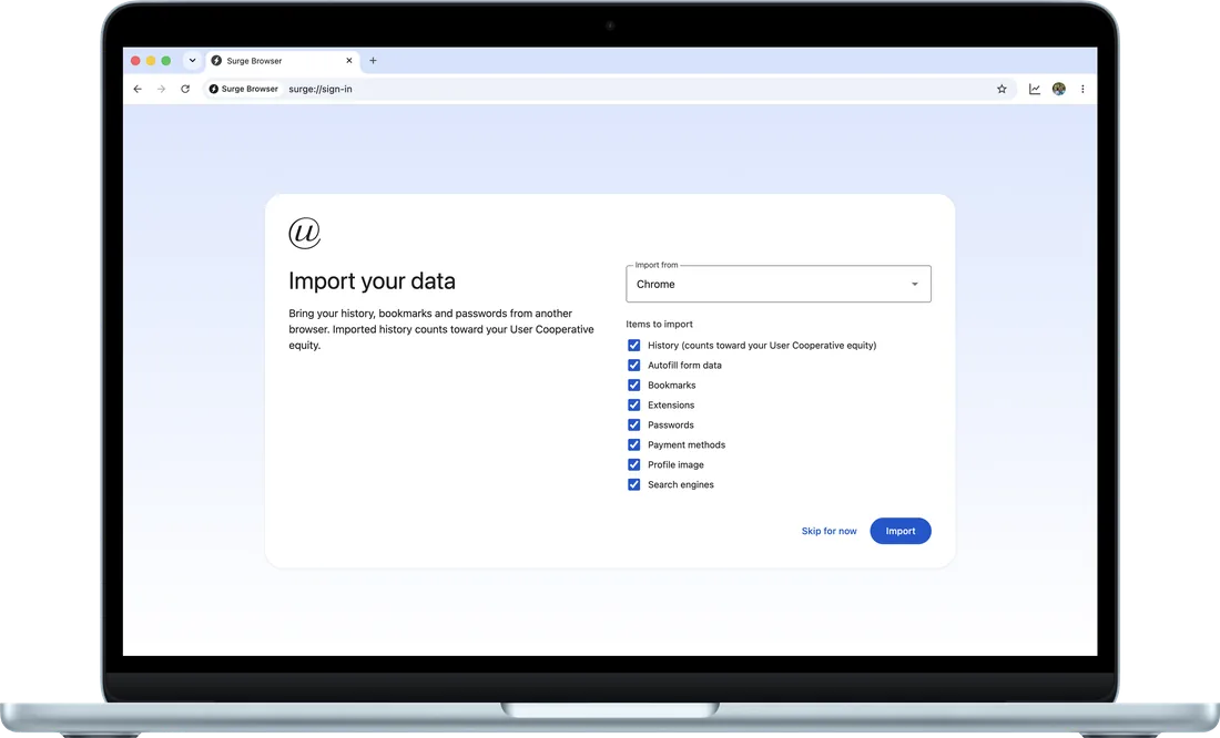Surge for Mac's Import your data screen from sign-in: import from Chrome, with history, autofill, bookmarks, extensions, passwords, payment methods, profile image and search engines checked