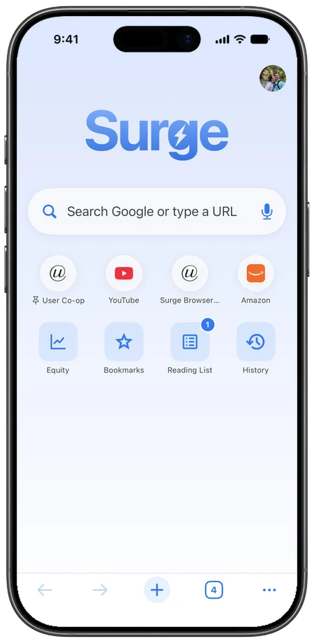 Surge for iPhone's new tab page: the Surge wordmark, search, shortcuts, and Equity, Bookmarks, Reading List and History