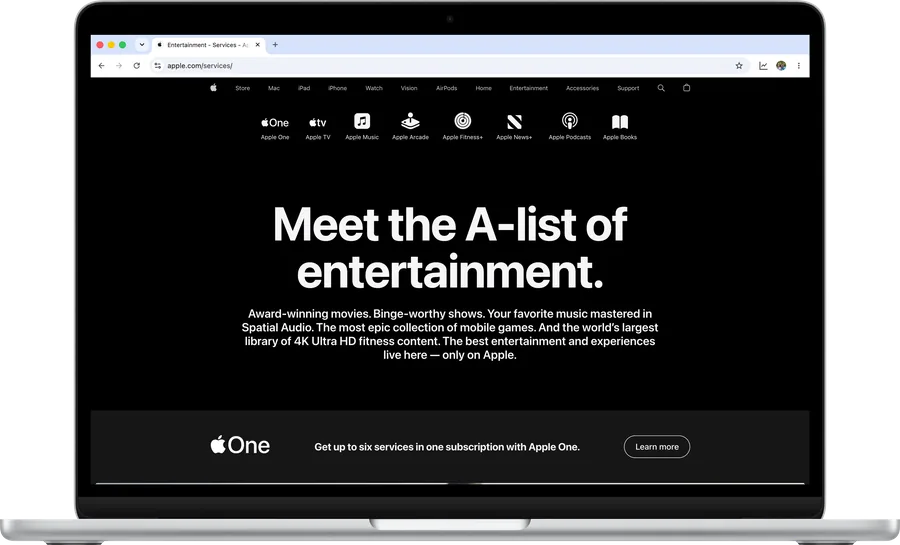 Apple's Services page in Surge for Mac on a MacBook Air, scrolling from Apple TV's trailer to Apple Music's animated logo