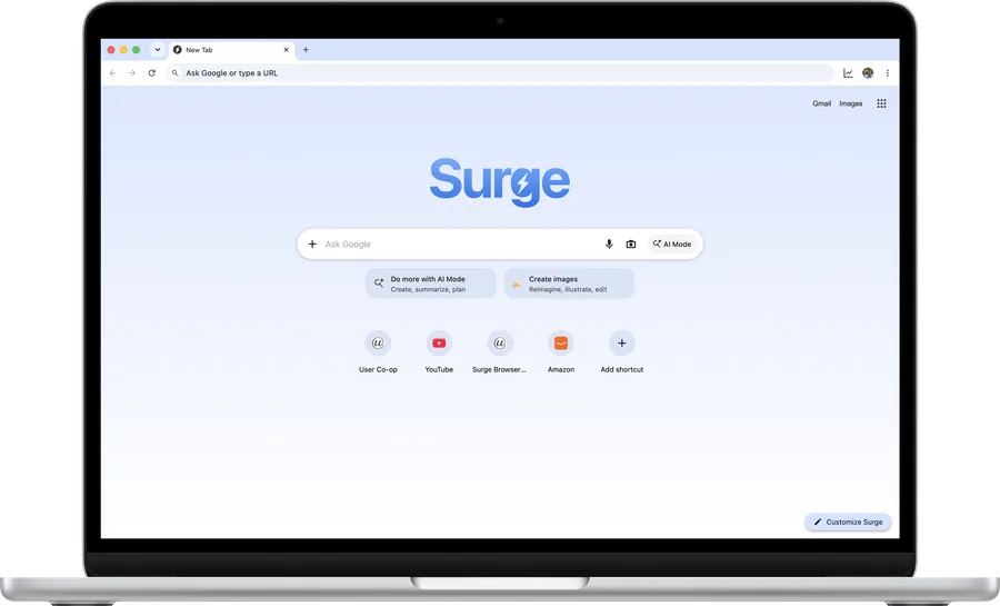 Surge for Mac's new tab page on a MacBook Air, in the default color