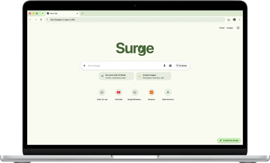 Surge for Mac's new tab page on a MacBook Air, in the Green color