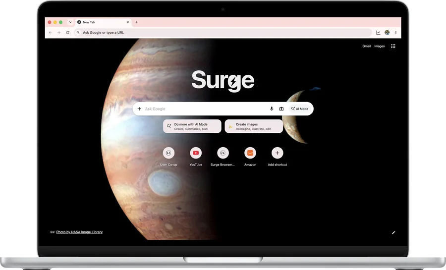 Surge for Mac's new tab page on a MacBook Air, with NASA's photo of Jupiter behind it