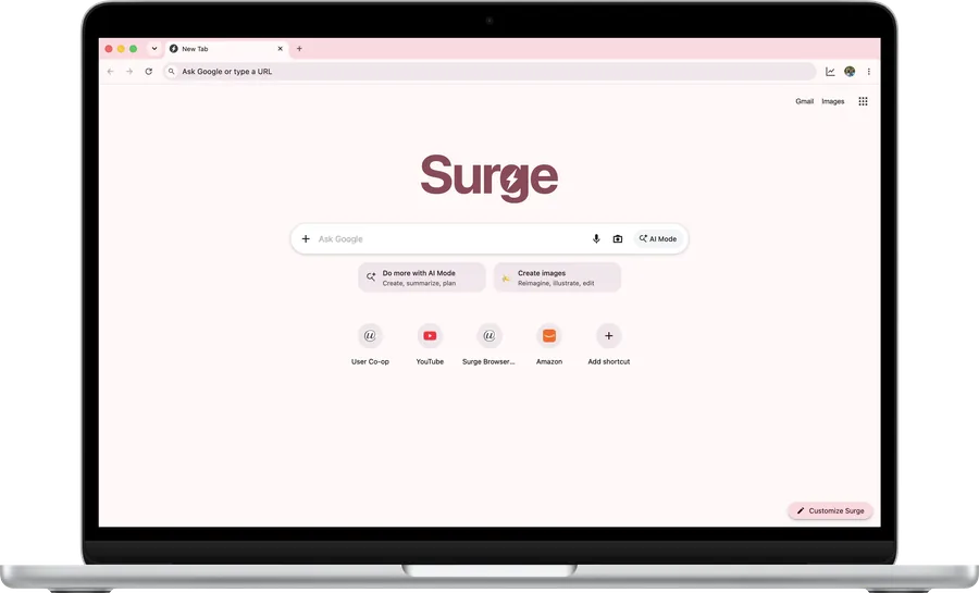 Surge for Mac's new tab page on a MacBook Air, in the Rose color
