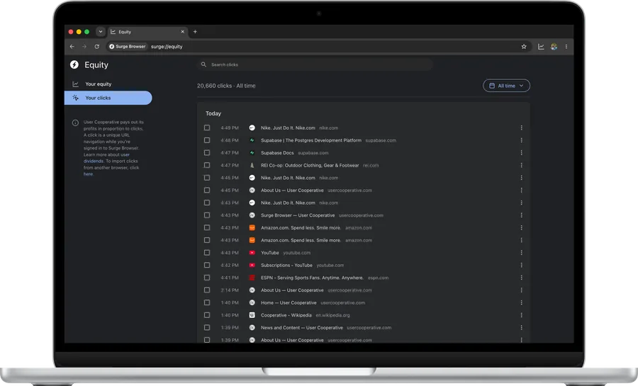 Your clicks in Surge for Mac in dark mode on a MacBook Air; zoomed in, two amazon.com clicks are selected and deleted, and the count goes to 20,658 clicks