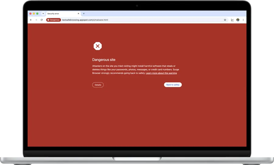Surge for Mac on a MacBook Air showing Safe Browsing's red Dangerous site warning, with a Back to safety button