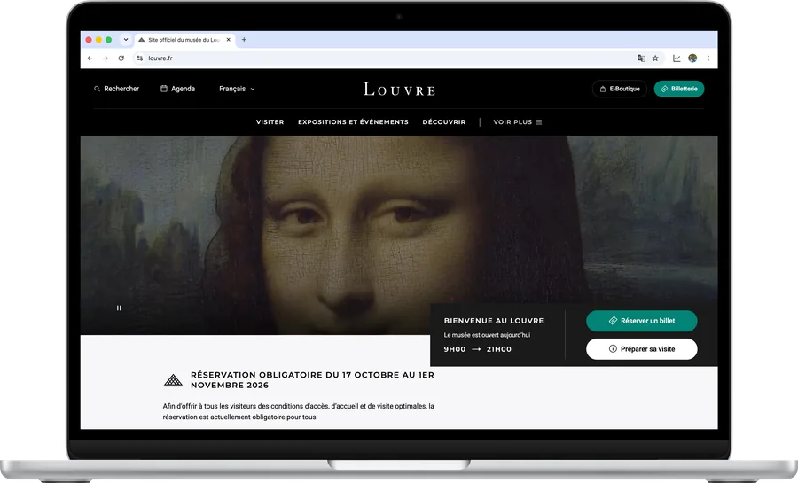 The Louvre's French website in Surge for Mac on a MacBook Air; zoomed in, Surge's Translate bubble turns the page into English