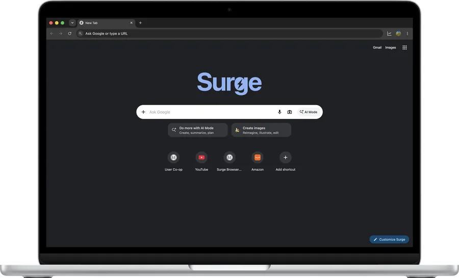 Surge for Mac's new tab page in dark mode on a MacBook Air; zoomed into the top-right corner, New Surge available appears in the toolbar beside Huxley's profile picture