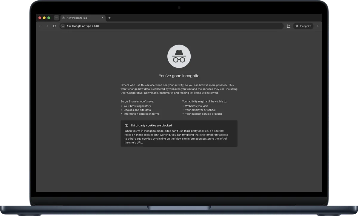 An Incognito window in Surge for Mac on a MacBook Air: You've gone Incognito