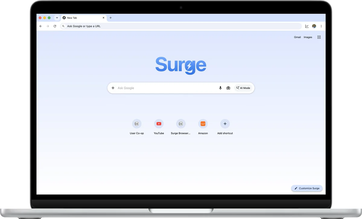 The Surge new tab page on a MacBook Air: the wordmark, search and shortcuts